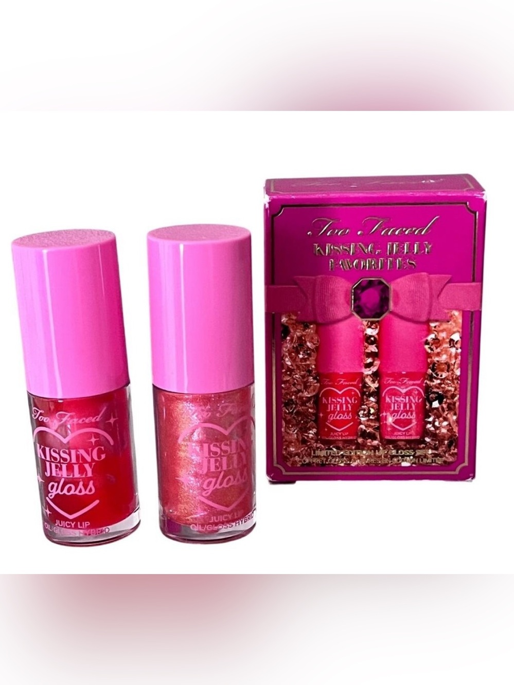 Too Faced Kissing Jelly Lip Gloss Oil SOUR WATERMELON & BUBBLE GUM Set NIB